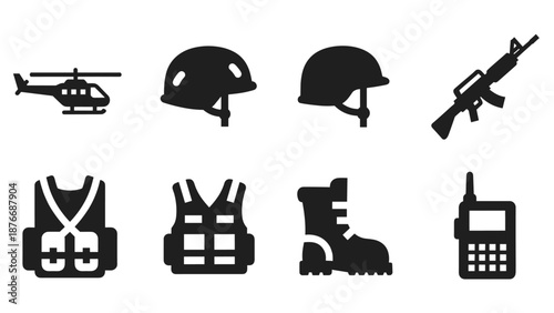 Military icon set: helicopter, helmet, rifle, boots, radio, vests in silhouette style