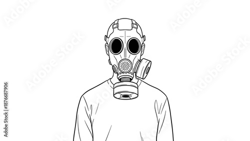 Black and white line art of person wearing gas mask