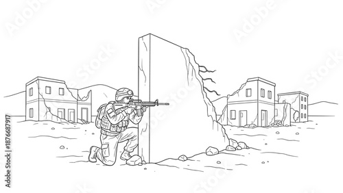 Soldier in battle position with rifle in desolate urban environment, black and white line art
