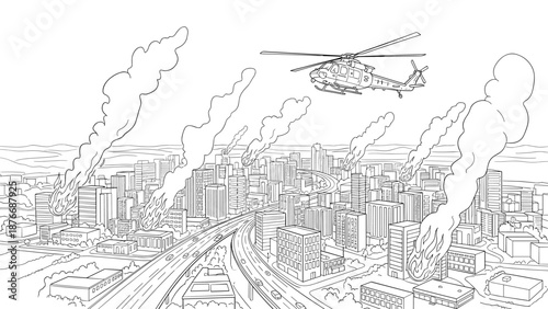 Cityscape with helicopter and fire plumes in detailed line art style