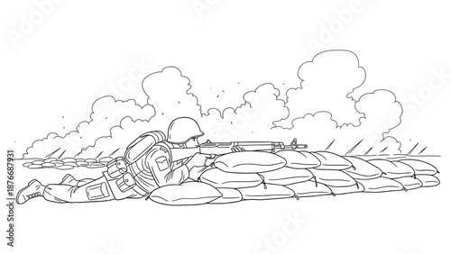 Outline of soldier with rifle positioned behind sandbags in combat scene