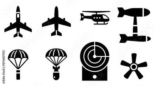 Silhouette icons of aircraft and aviation equipment: planes, bombs, parachutes, and helicopter