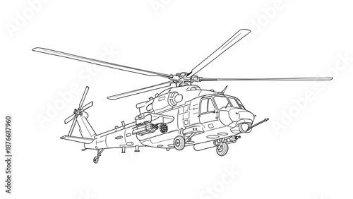 Black and white linear military helicopter design with detailed view