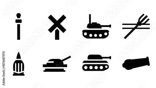 Military themed black silhouette icons set featuring tanks and weapons