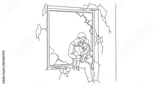 Parent and child in broken window frame: emotional outline drawing of family bonding