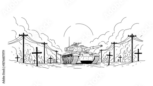 Monochrome line art of military tank in battlefield with smoke and telephone poles