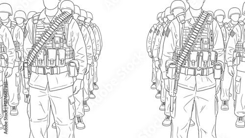 Line art soldiers standing in formation wearing tactical gear