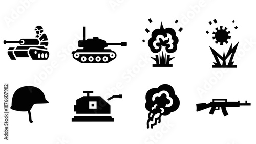 Military silhouette icons: tank, explosion, helmet, and more