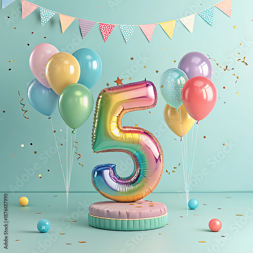 Festive number 5 with balloons for fifth joyous celebration and decoration.