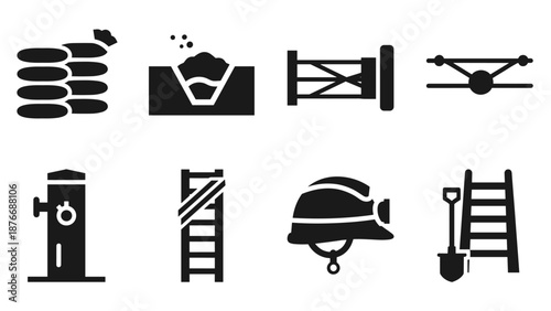 Construction icons set: tools and safety equipment in flat silhouette style
