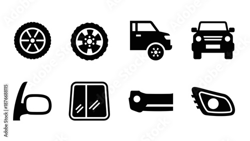 Automotive silhouette icons set: wheels, cars, and accessories