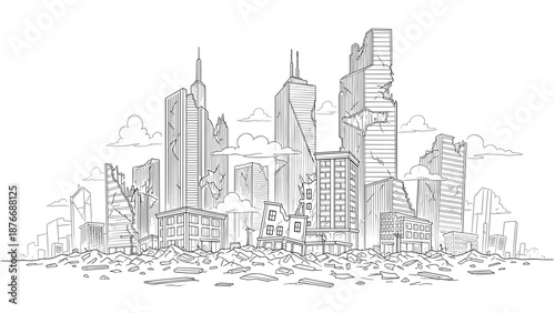 Urban ruins and skyscrapers in hand-drawn cityscape with crumbling structures
