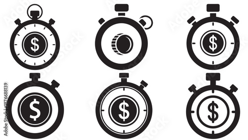 Solid Minimal Stopwatch Icon Containing A Coin To Represent Timed Payments, Scheduled Billing And Payment Deadlines