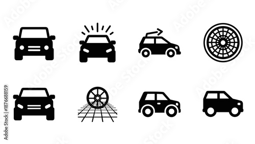 Set of car icons featuring classic, compact, and off-road designs
