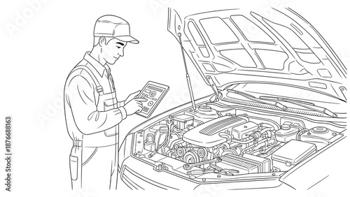 Mechanic using digital tablet for car engine diagnostics in linear style
