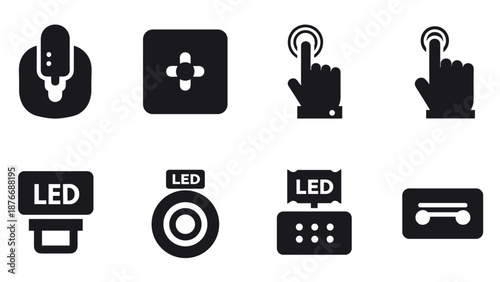 Technology icon set: touch gesture and led display symbols in bold silhouette design