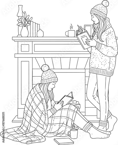 Cozy winter scene with two women reading near fireplace, enjoying hot beverages and warm blankets