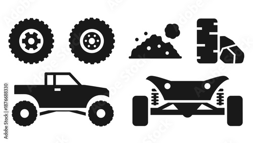 Off-road vehicle silhouette collection: monster trucks, atvs, and terrain elements
