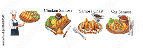 Crispy chicken samosas served with a delectable dipping sauce and fresh garnish. Food vector Icons Set.