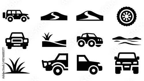 Minimalist off-road icons featuring jeeps and rugged landscapes