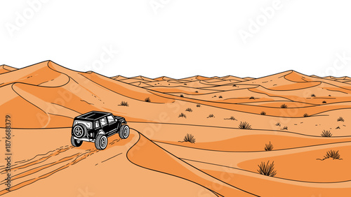 Off-road adventure in desert with suv amidst majestic sand dunes in monochrome style