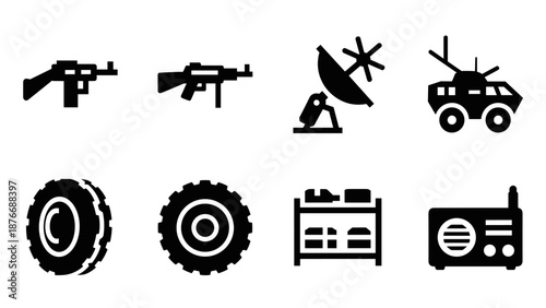 Military silhouette icons set including weapons, vehicles, and equipment