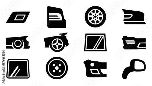 Silhouette car parts icons: stylish vehicle component designs