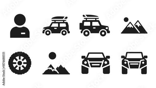 Adventure travel icons set: vehicles, mountains, nature symbols in black silhouette