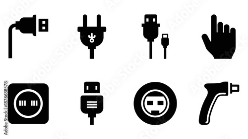 Black electric and usb plug icons on white background for technology design