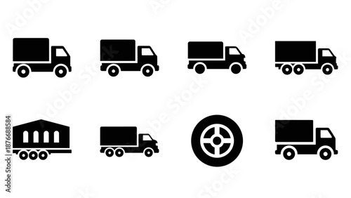 Silhouette set of delivery trucks and trailers with steering wheel icon