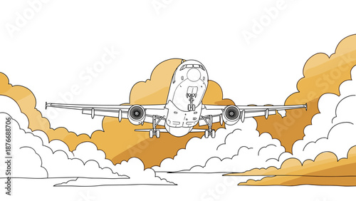 Airplane taking off in a linear style with golden clouds in the background