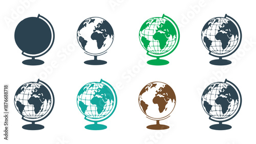 Set of globe stand icons in various styles and colors representing world geography and education