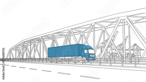 Line art of a blue truck crossing a modern steel bridge