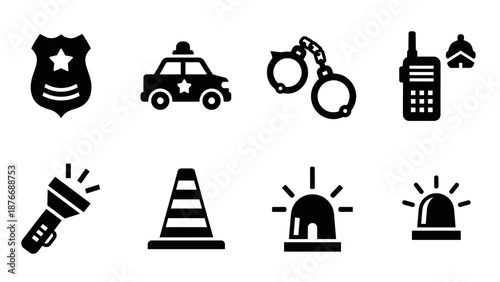 Monochrome police icon set featuring handcuffs, badge, patrol car, and more