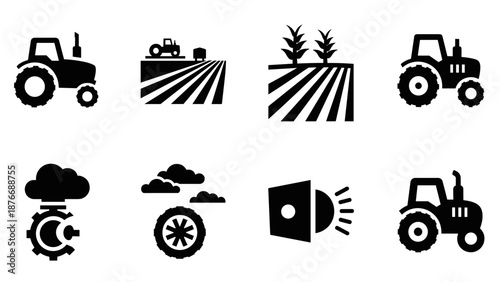 Farming equipment and agriculture symbols in silhouette design