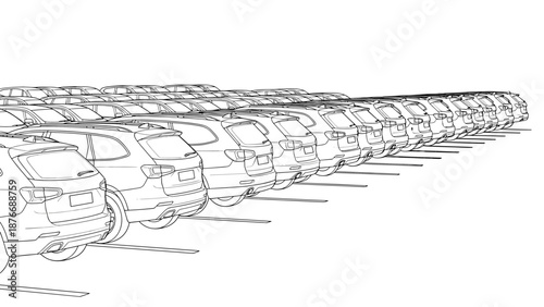 Linear drawing of cars in a parking lot highlighting repetition and structure