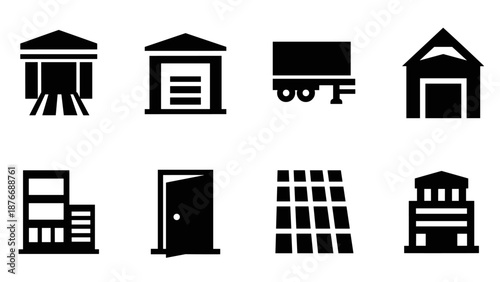 Minimalist building and infrastructure icons set in black silhouette style