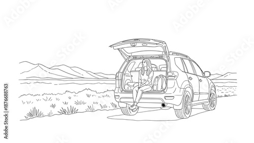 Adventurous road trip: woman relaxing in suv trunk by mountainous landscape in linear style