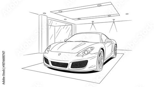 Sleek sports car in modern showroom with linear sketch style