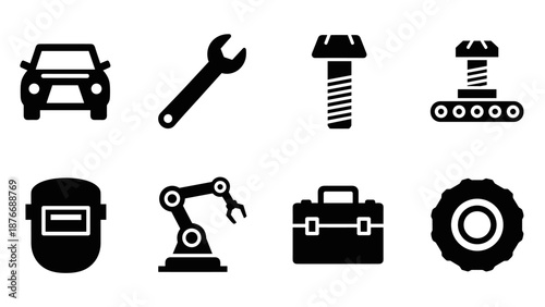 Industrial icons set: tools, machinery, and automotive elements in silhouette style