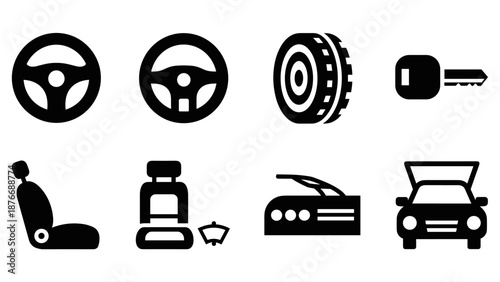 Silhouette icons of vehicle components including steering wheel, tire, and car key for automotive design