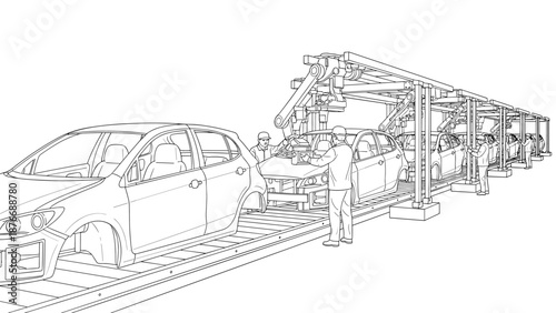 Automated car manufacturing line with robotic arms in action