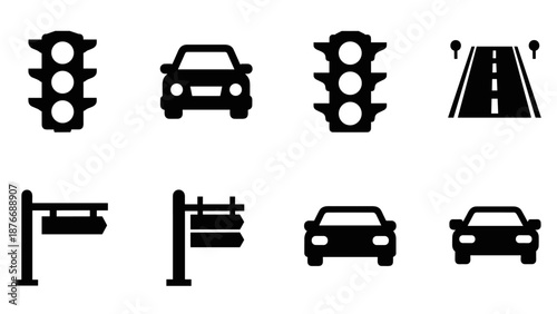 Traffic signals and road signs silhouettes for urban planning and transportation design