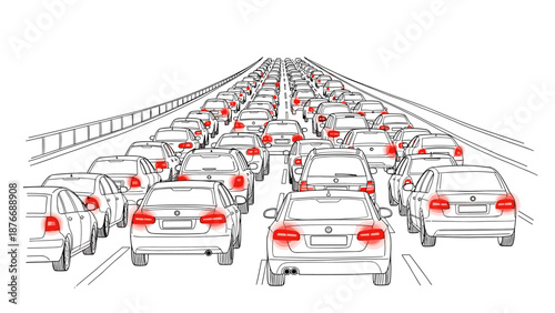 Traffic jam on highway: black and white line art of heavy cars
