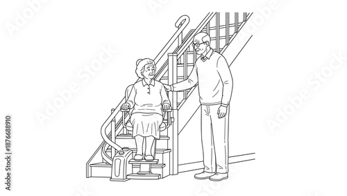 Elderly woman using stair lift with supportive man in modern home setting