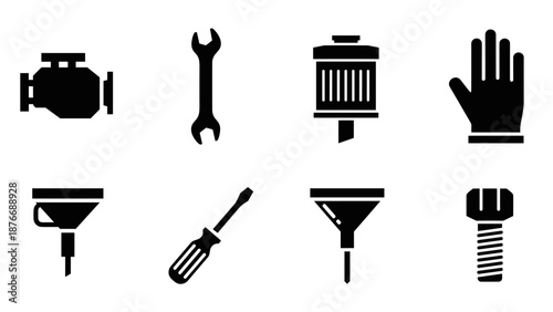Automotive tools and parts silhouettes set: engine, wrench, filters, and more