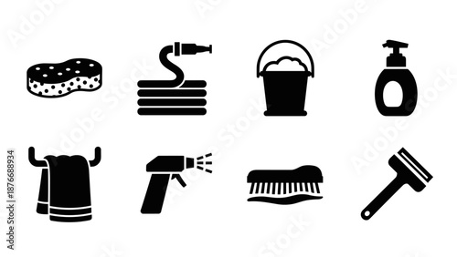 Essential cleaning icons set: sponge, detergent, bucket, soap, towel, spray, brush, squeegee