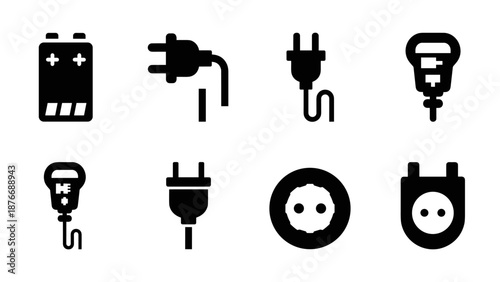 Silhouette icons of batteries and power plugs on white background