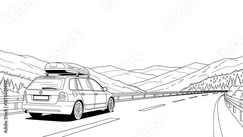 Linear mountain road trip with car and scenic landscape