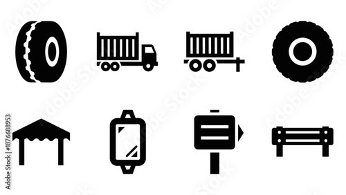 Set of simple icons: transportation, tire, tent, billboard, and bench